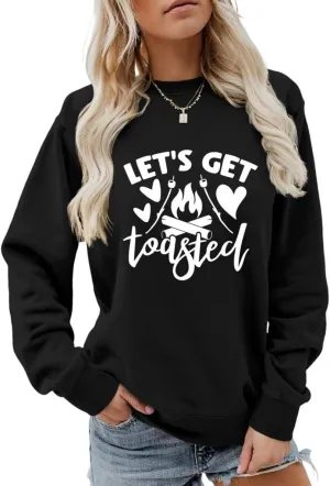 Let's get toasted Sweatshirt Cute Campfire Casual Long Sleeve Shirt Women Cute Crewneck Camping Lover Pullovers Tops