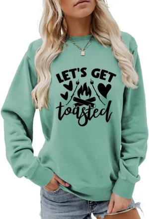 Let's get toasted Sweatshirt Cute Campfire Casual Long Sleeve Shirt Women Cute Crewneck Camping Lover Pullovers Tops