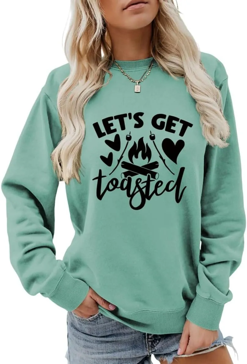 Let's get toasted Sweatshirt Cute Campfire Casual Long Sleeve Shirt Women Cute Crewneck Camping Lover Pullovers Tops