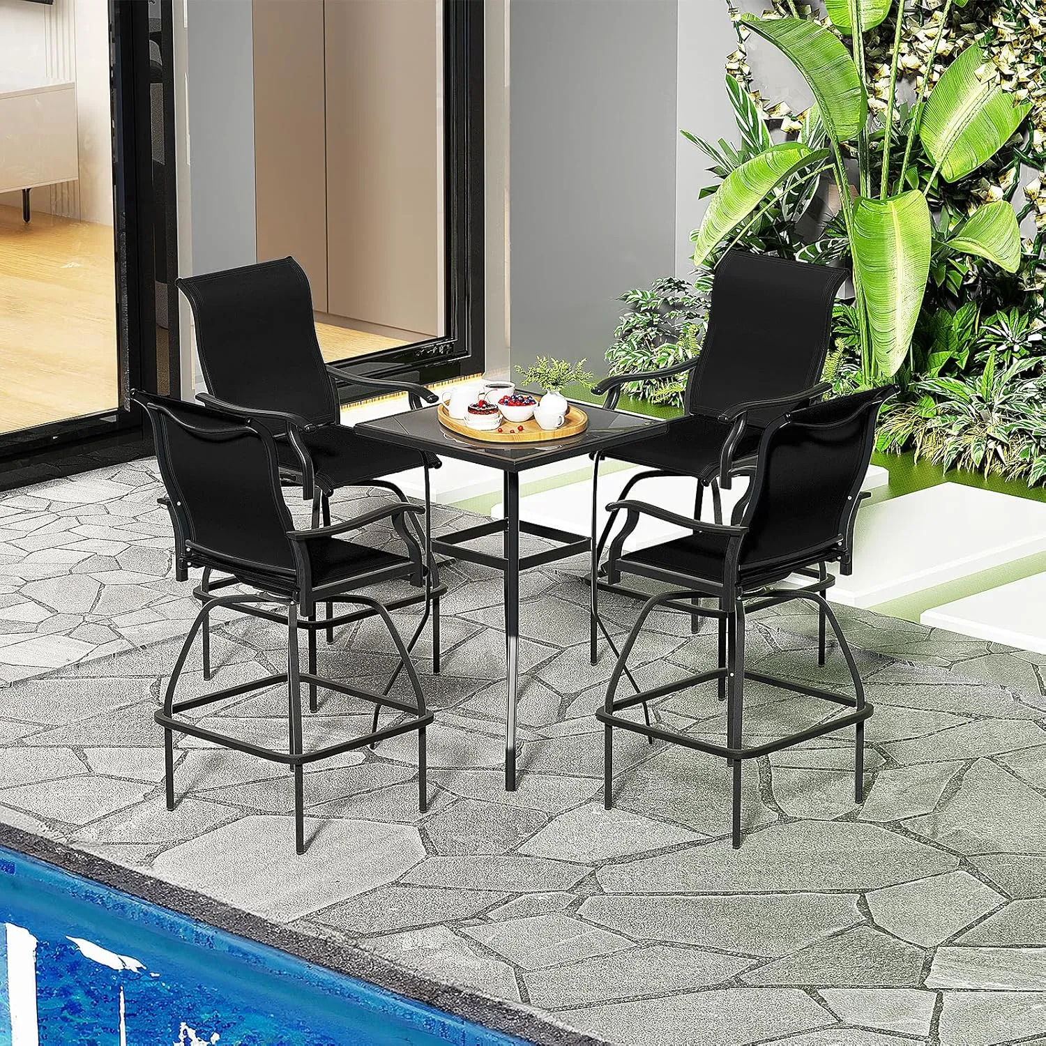 LEVELEVE Patio Bar Set 2pcs Swivel Bar Stools Outdoor Bistro Textilene Furniture Stability All-Weather Set (4, Lake Blue Padded)