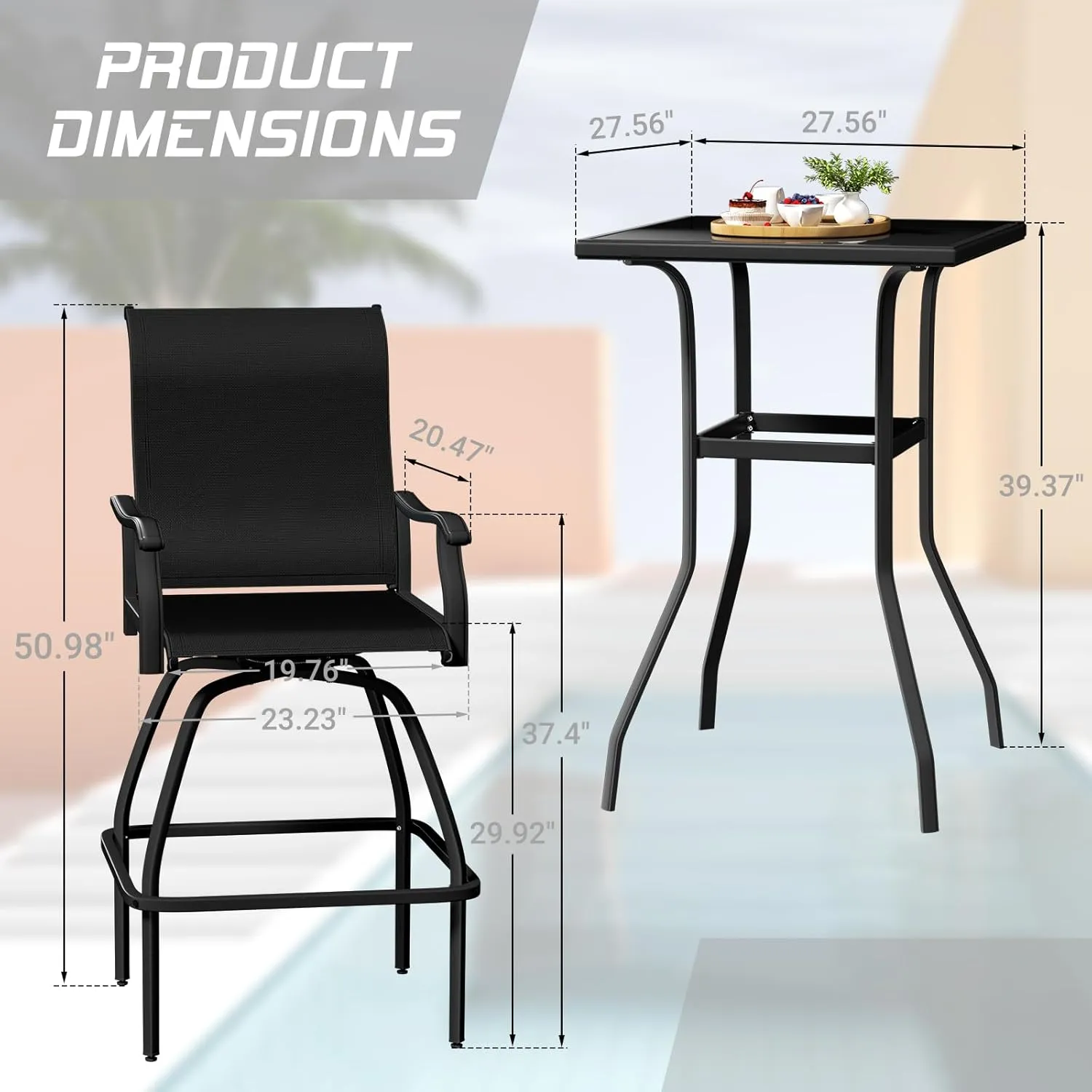 LEVELEVE Patio Bar Set 2pcs Swivel Bar Stools Outdoor Bistro Textilene Furniture Stability All-Weather Set (4, Lake Blue Padded)