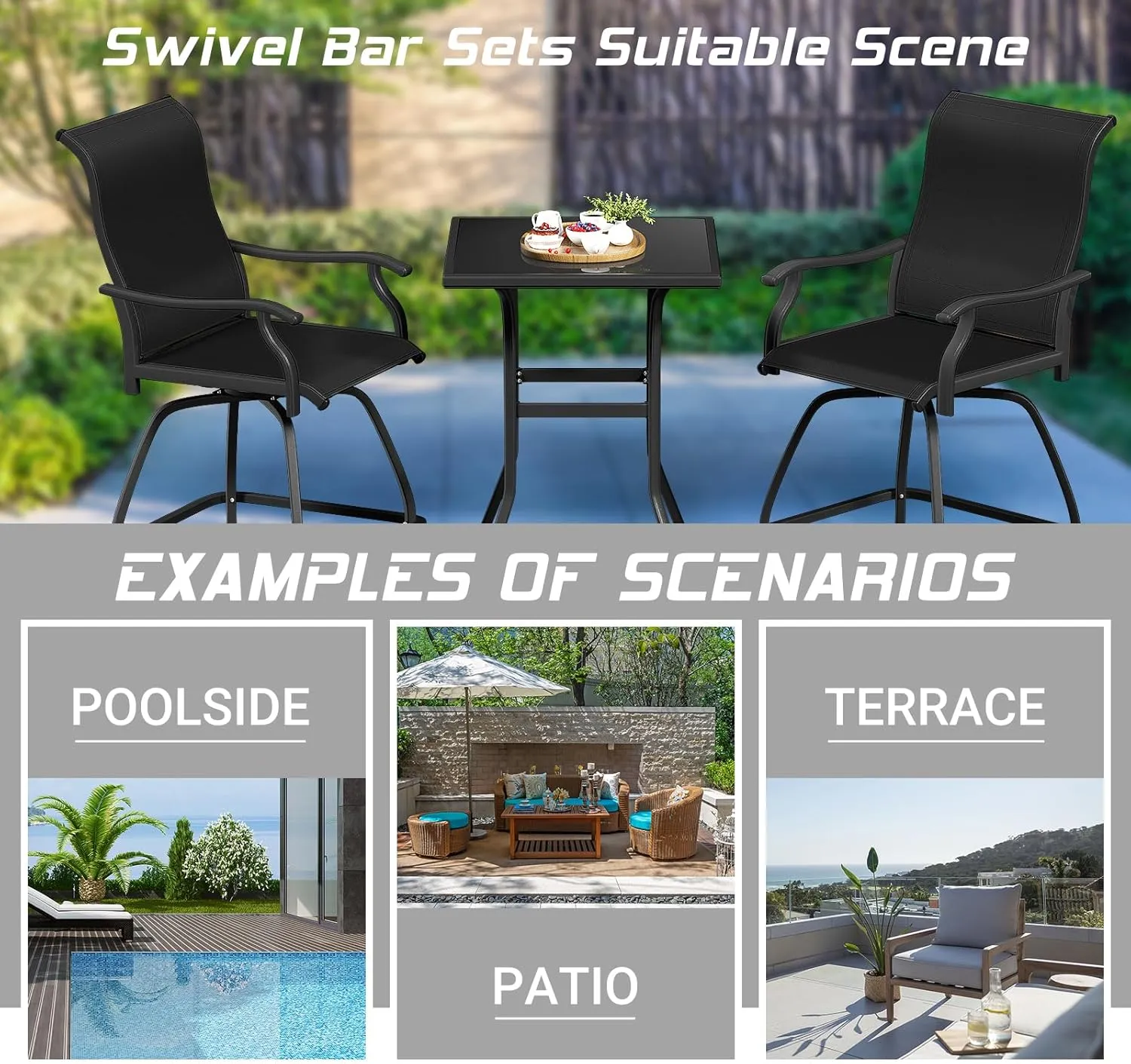 LEVELEVE Patio Bar Set 2pcs Swivel Bar Stools Outdoor Bistro Textilene Furniture Stability All-Weather Set (4, Lake Blue Padded)