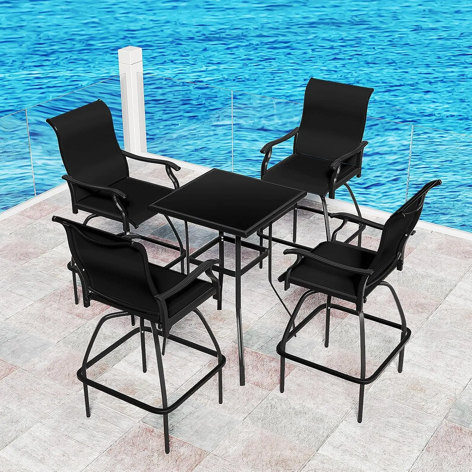 LEVELEVE Patio Bar Set 2pcs Swivel Bar Stools Outdoor Bistro Textilene Furniture Stability All-Weather Set (4, Lake Blue Padded)