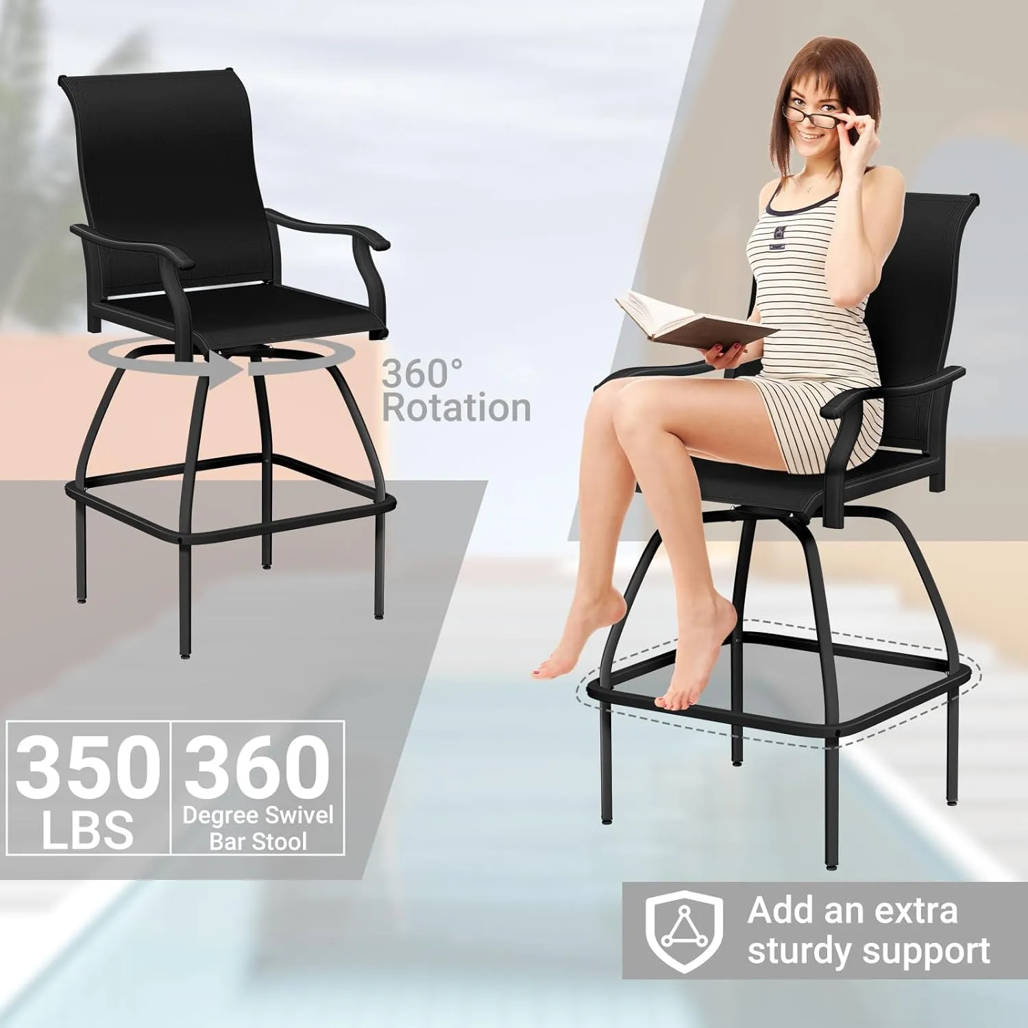 LEVELEVE Patio Bar Set 2pcs Swivel Bar Stools Outdoor Bistro Textilene Furniture Stability All-Weather Set (4, Lake Blue Padded)