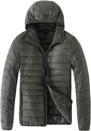 Lightweight Puffer Jacket for Men Slim Fit Casual Packable Hooded Jackets Warm Thicken Winter Full Zipper Padded Coats