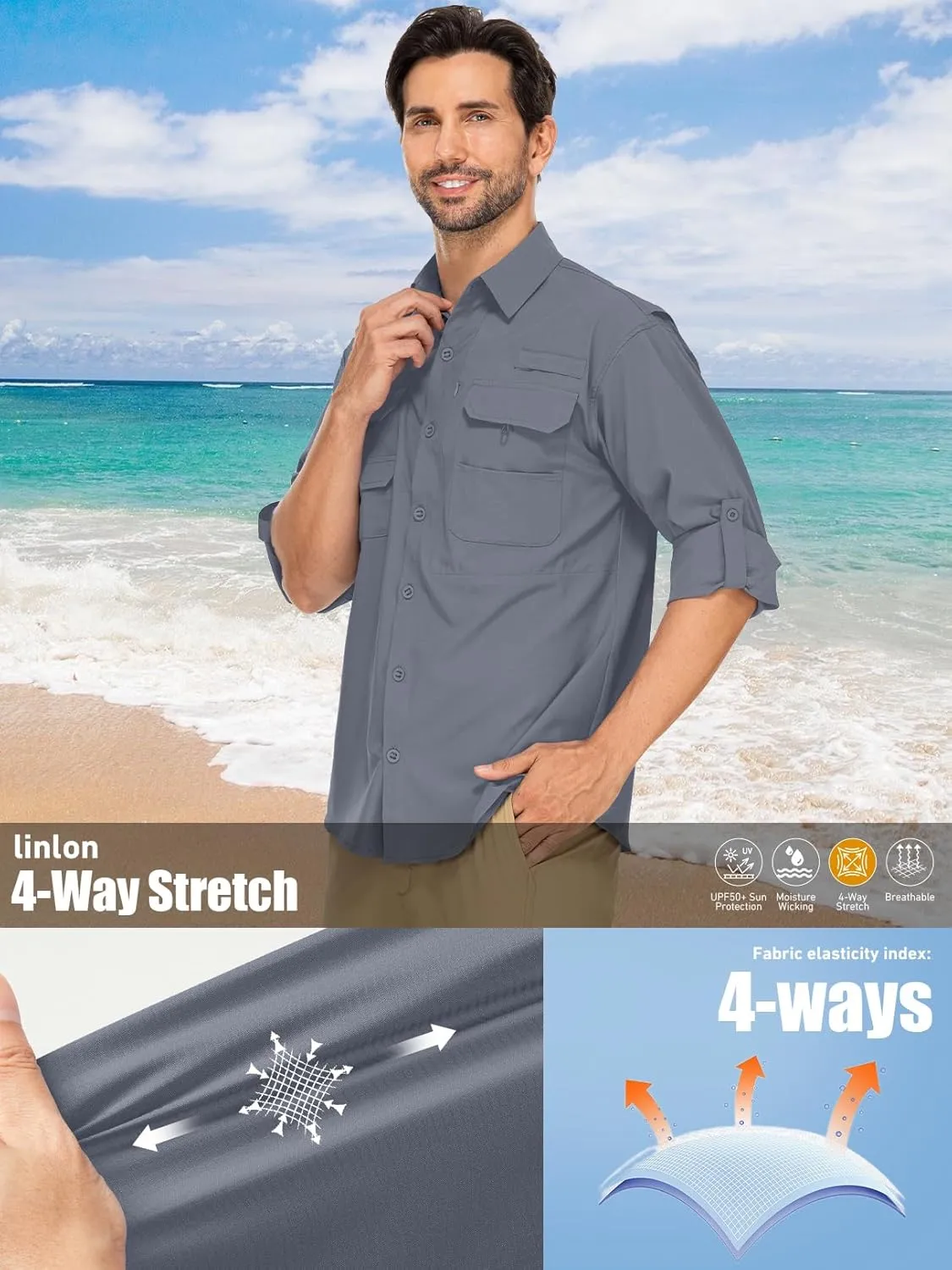 linlon Mens Safari Shirts Long Sleeve UV Protection Hiking Fishing UPF 50  Quick Dry Cooling Camping Travel Shirts