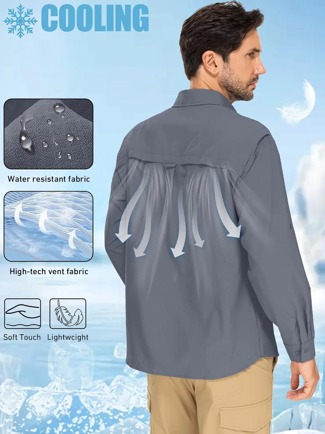 linlon Mens Safari Shirts Long Sleeve UV Protection Hiking Fishing UPF 50  Quick Dry Cooling Camping Travel Shirts