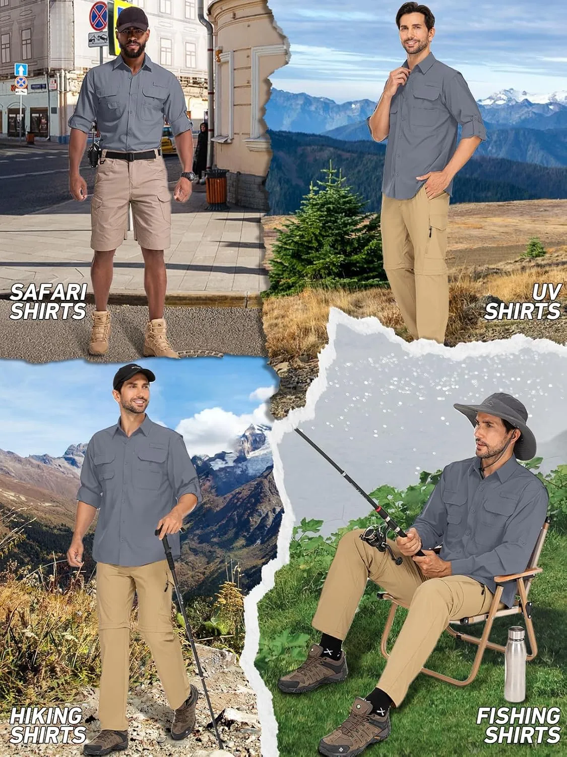 linlon Mens Safari Shirts Long Sleeve UV Protection Hiking Fishing UPF 50  Quick Dry Cooling Camping Travel Shirts