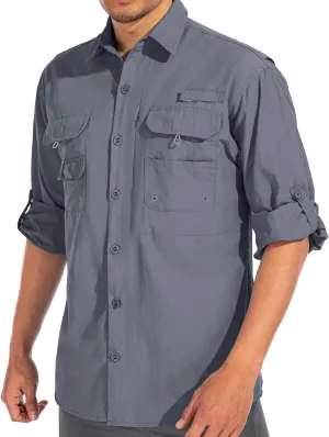 linlon Mens Safari Shirts Long Sleeve UV Protection Hiking Fishing UPF 50  Quick Dry Cooling Camping Travel Shirts