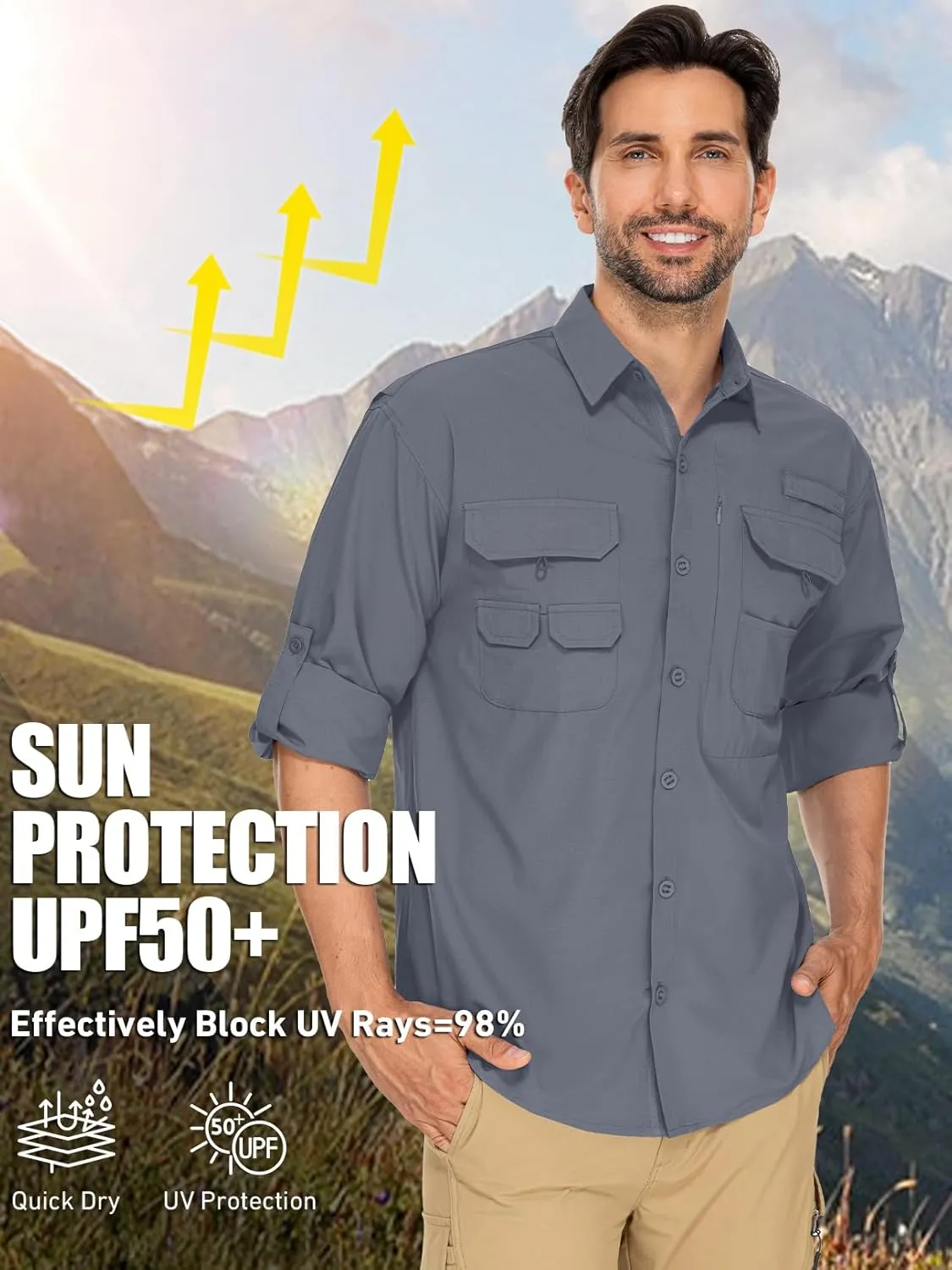 linlon Mens Safari Shirts Long Sleeve UV Protection Hiking Fishing UPF 50  Quick Dry Cooling Camping Travel Shirts