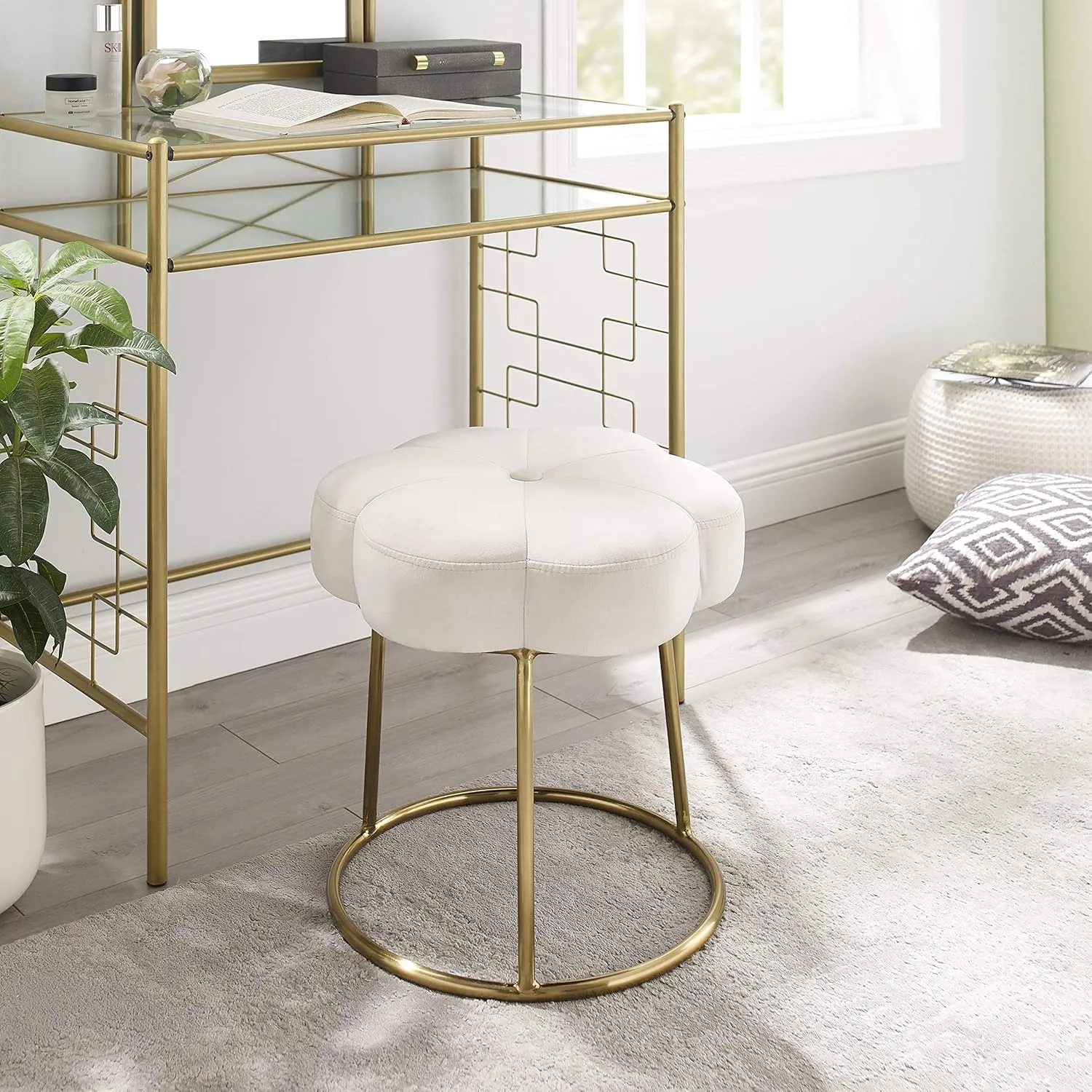 Linon White and Gold Vanity and Accent Talulah Stool