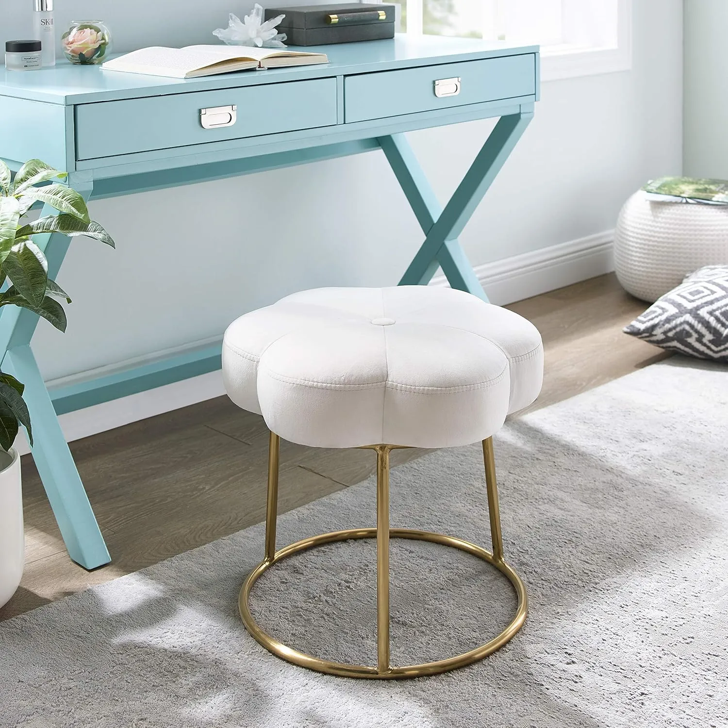 Linon White and Gold Vanity and Accent Talulah Stool