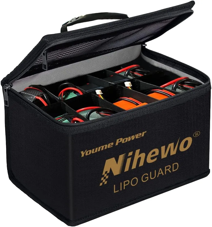 Lipo Safe Bag Fireproof Explosionproof Battery Bag Organizer - Large Capacity Lipo Guard Safe Pouch for Storage & Transportation & Charging with Durable Handle and Mesh Pocket