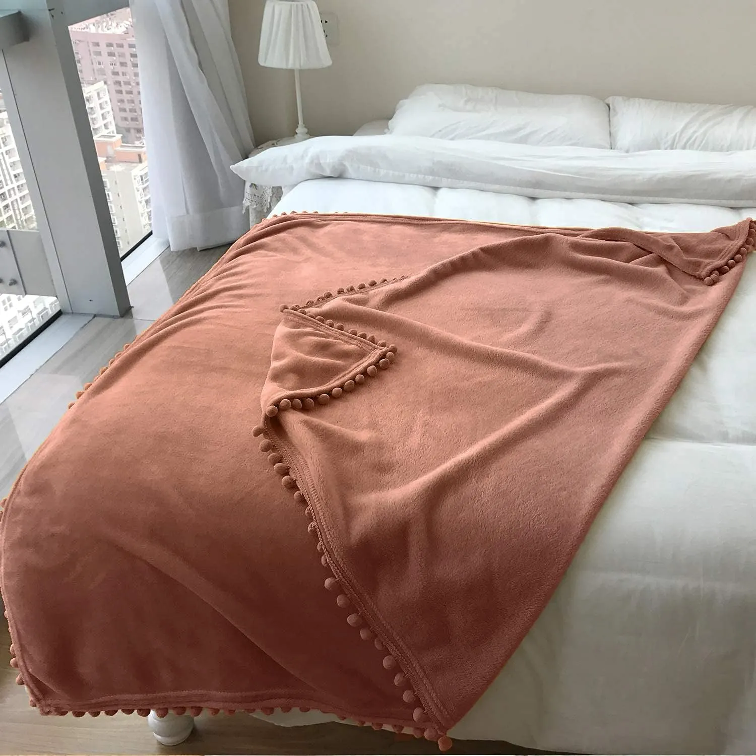 LOMAO Flannel Blanket with Pompom Fringe Lightweight Cozy Bed Blanket Soft Throw Blanket fit Couch Sofa Suitable for All Season (Caramel, 51''x 63'')