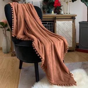 LOMAO Flannel Blanket with Pompom Fringe Lightweight Cozy Bed Blanket Soft Throw Blanket fit Couch Sofa Suitable for All Season (Caramel, 51''x 63'')