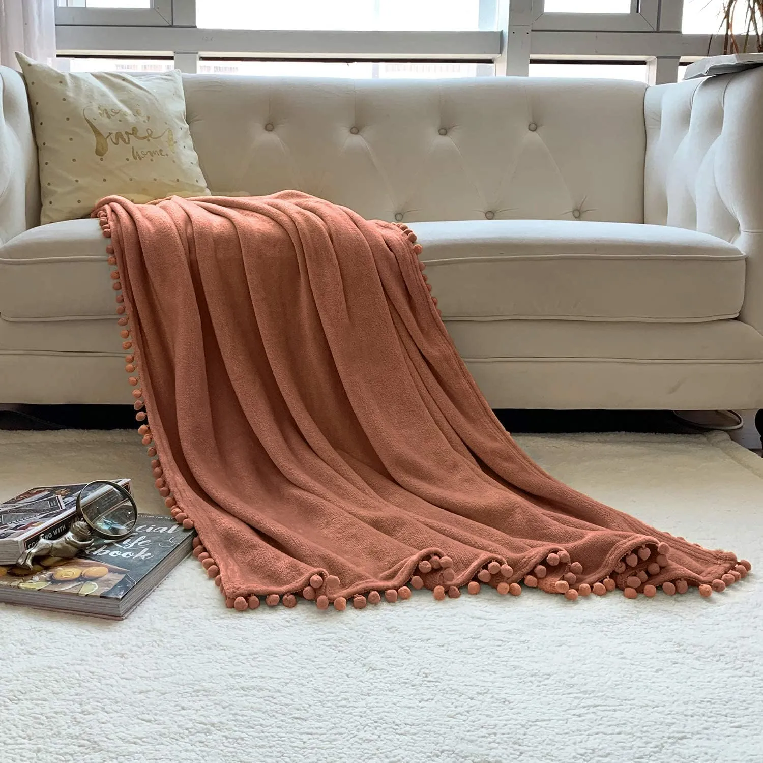LOMAO Flannel Blanket with Pompom Fringe Lightweight Cozy Bed Blanket Soft Throw Blanket fit Couch Sofa Suitable for All Season (Caramel, 51''x 63'')