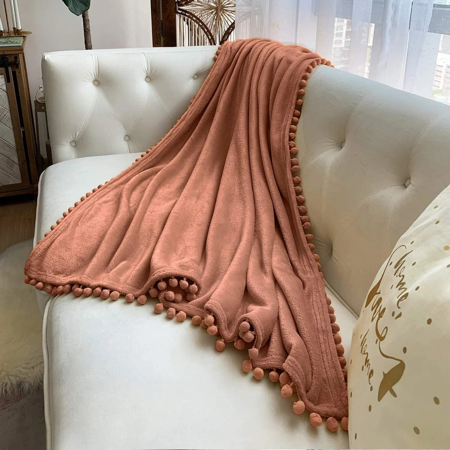 LOMAO Flannel Blanket with Pompom Fringe Lightweight Cozy Bed Blanket Soft Throw Blanket fit Couch Sofa Suitable for All Season (Caramel, 51''x 63'')