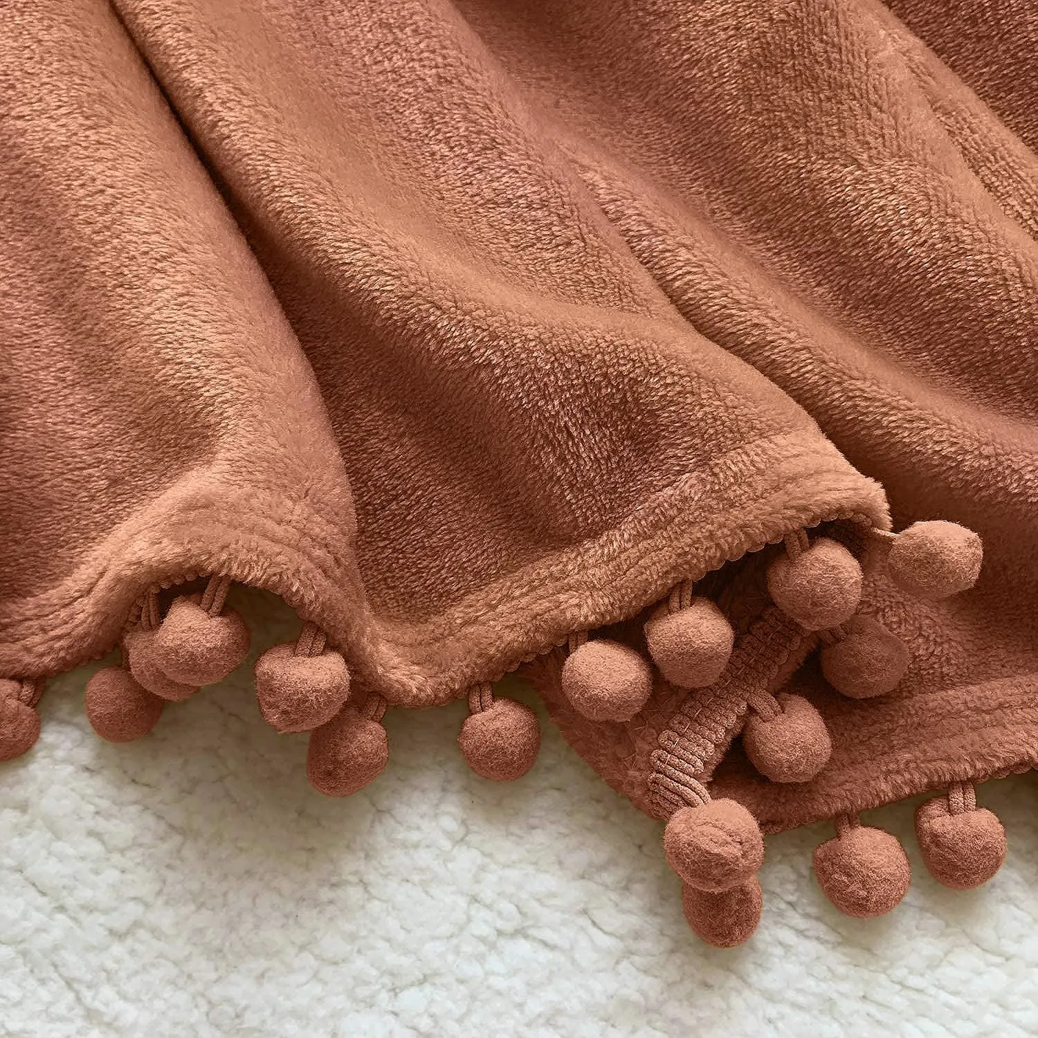 LOMAO Flannel Blanket with Pompom Fringe Lightweight Cozy Bed Blanket Soft Throw Blanket fit Couch Sofa Suitable for All Season (Caramel, 51''x 63'')
