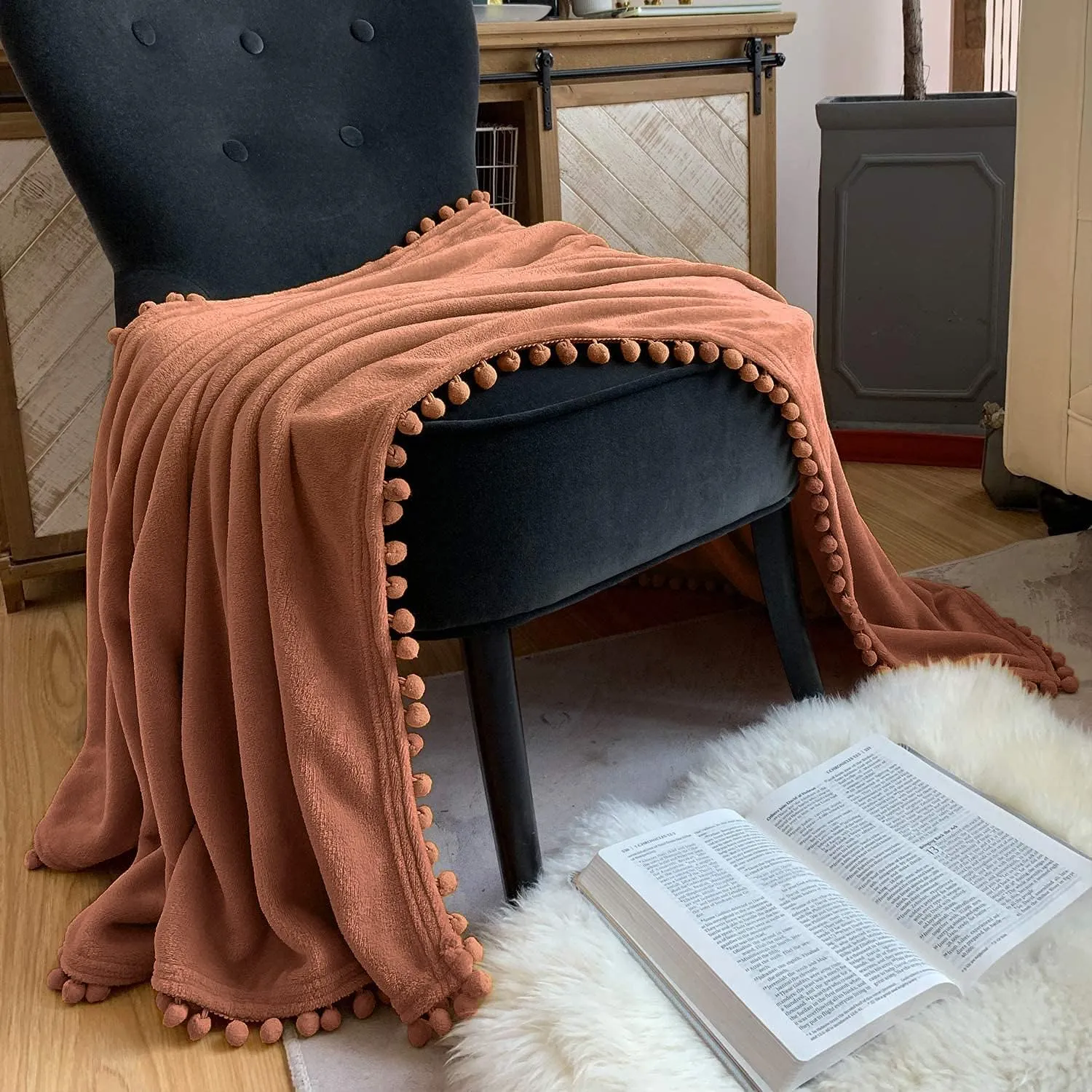 LOMAO Flannel Blanket with Pompom Fringe Lightweight Cozy Bed Blanket Soft Throw Blanket fit Couch Sofa Suitable for All Season (Caramel, 51''x 63'')