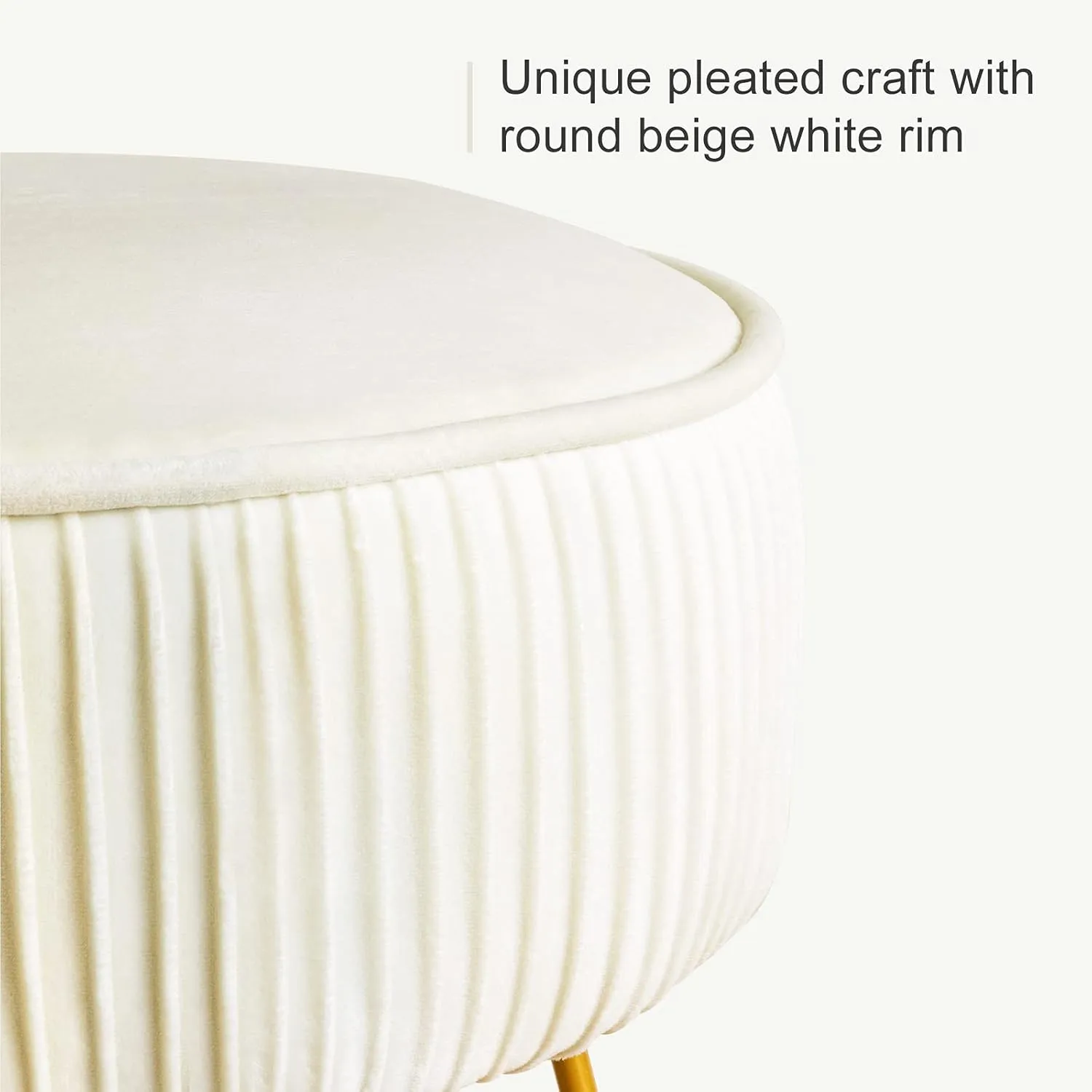 LUE BONA Pleated Vanity Stool, Velvet Upholstered Vanity Stool for Makeup Room, Round Stool for Vanity, Ottoman Footrest Stool with Metal Legs for Living Room, Bedroom, White