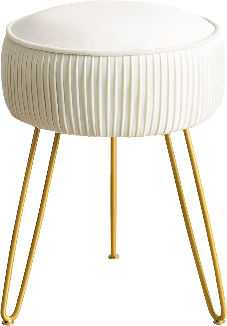 LUE BONA Pleated Vanity Stool, Velvet Upholstered Vanity Stool for Makeup Room, Round Stool for Vanity, Ottoman Footrest Stool with Metal Legs for Living Room, Bedroom, White