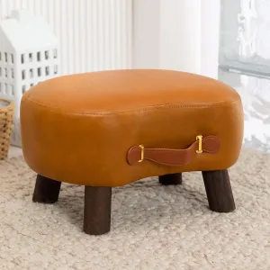 LUE BONA Small Curved Foot Stool with Handle, Whiskey Brown Faux Leather Footstool and Ottomans, Modern Foot Rest with Wooden Legs, Step Stool with Padded Seat for Couch, Living Room