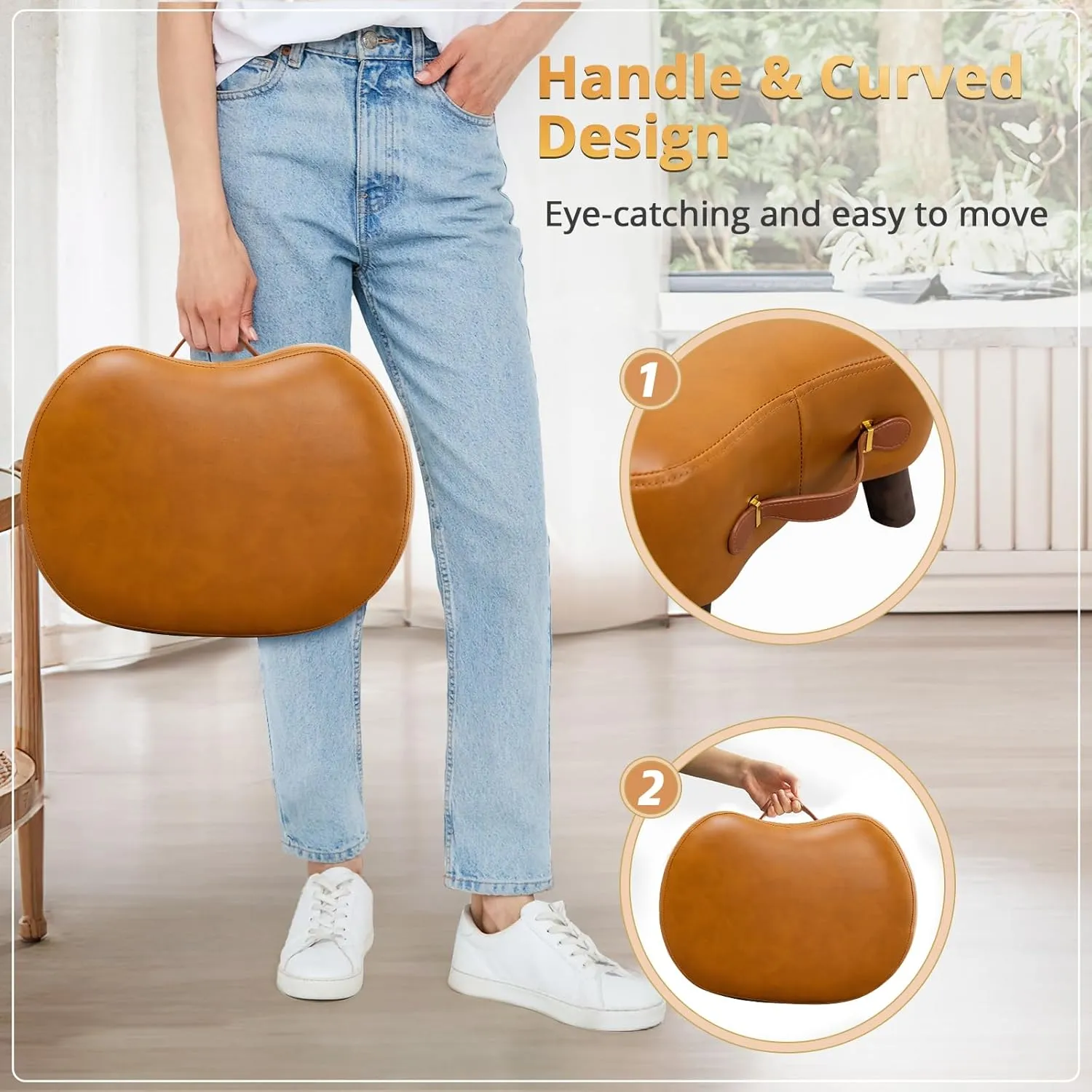 LUE BONA Small Curved Foot Stool with Handle, Whiskey Brown Faux Leather Footstool and Ottomans, Modern Foot Rest with Wooden Legs, Step Stool with Padded Seat for Couch, Living Room