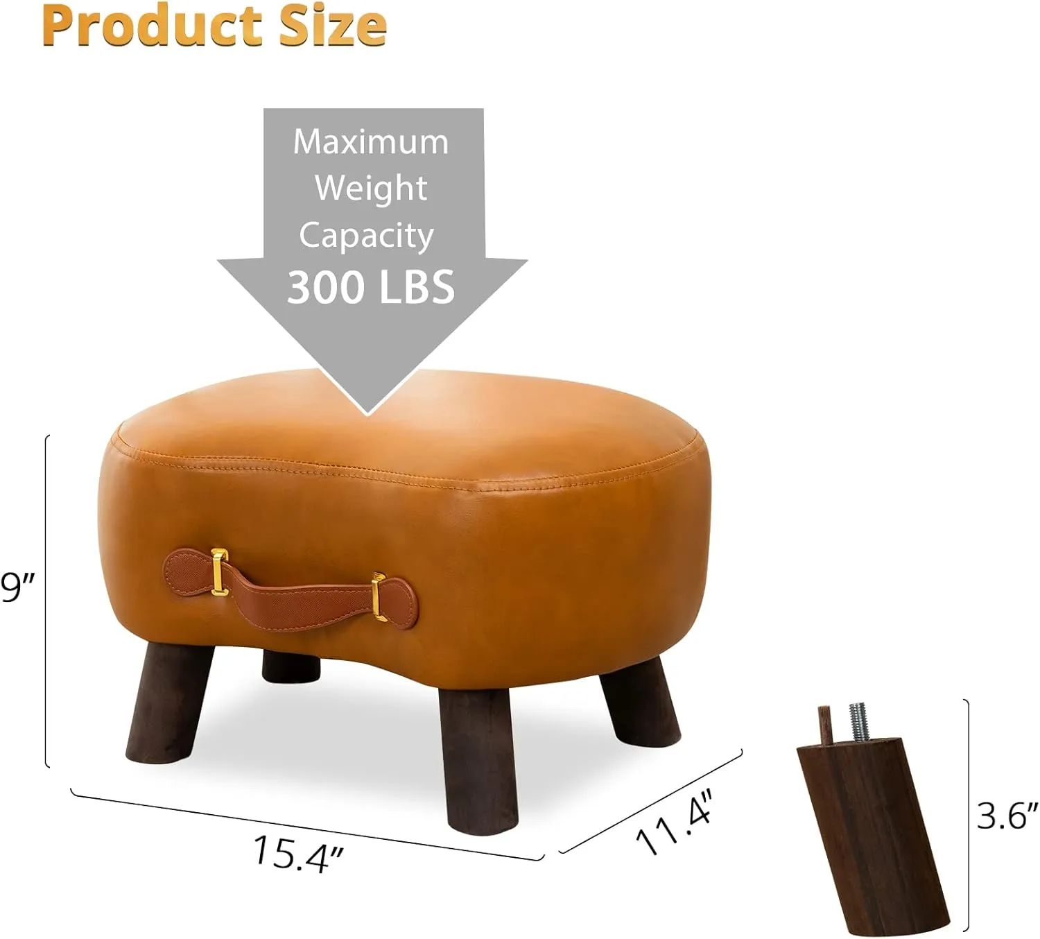 LUE BONA Small Curved Foot Stool with Handle, Whiskey Brown Faux Leather Footstool and Ottomans, Modern Foot Rest with Wooden Legs, Step Stool with Padded Seat for Couch, Living Room