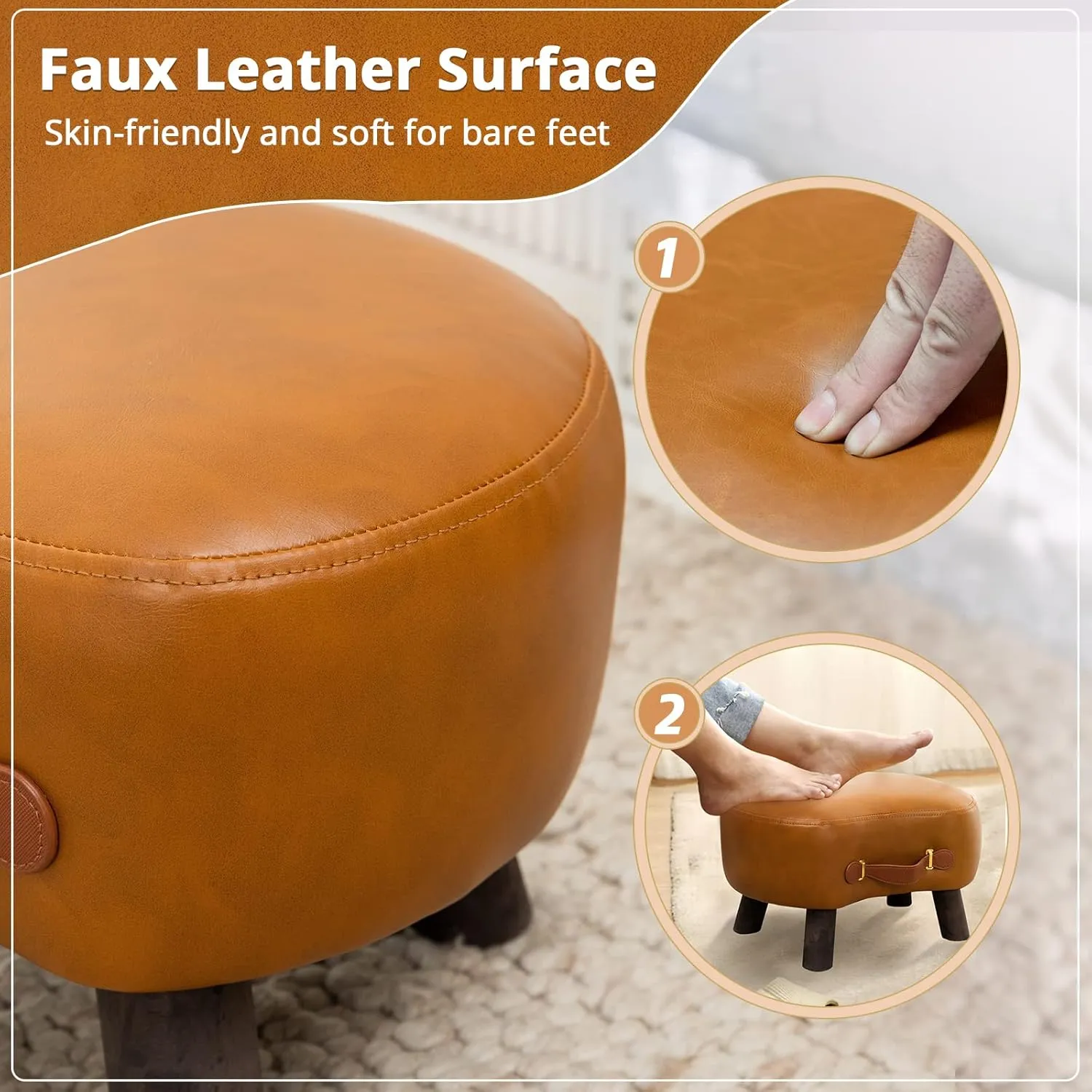 LUE BONA Small Curved Foot Stool with Handle, Whiskey Brown Faux Leather Footstool and Ottomans, Modern Foot Rest with Wooden Legs, Step Stool with Padded Seat for Couch, Living Room