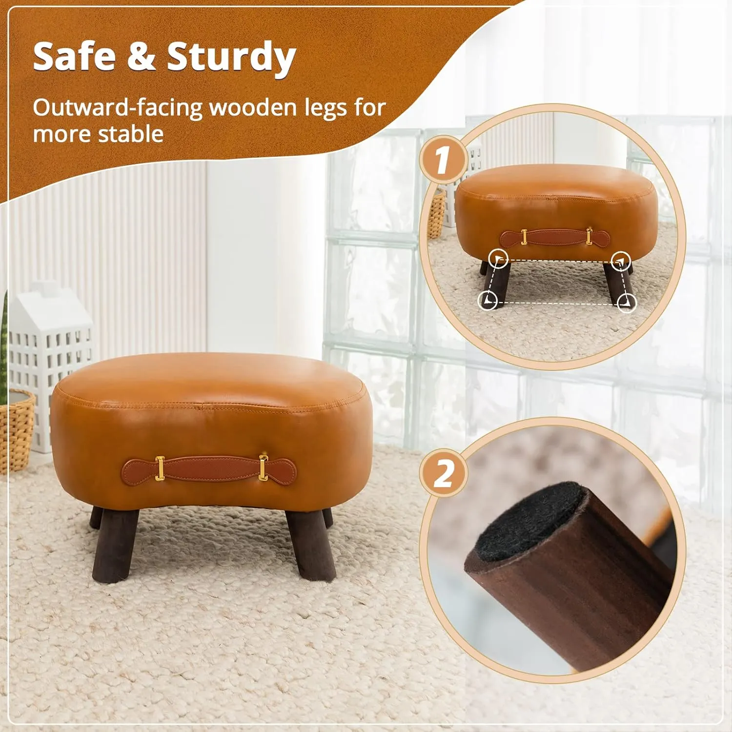 LUE BONA Small Curved Foot Stool with Handle, Whiskey Brown Faux Leather Footstool and Ottomans, Modern Foot Rest with Wooden Legs, Step Stool with Padded Seat for Couch, Living Room