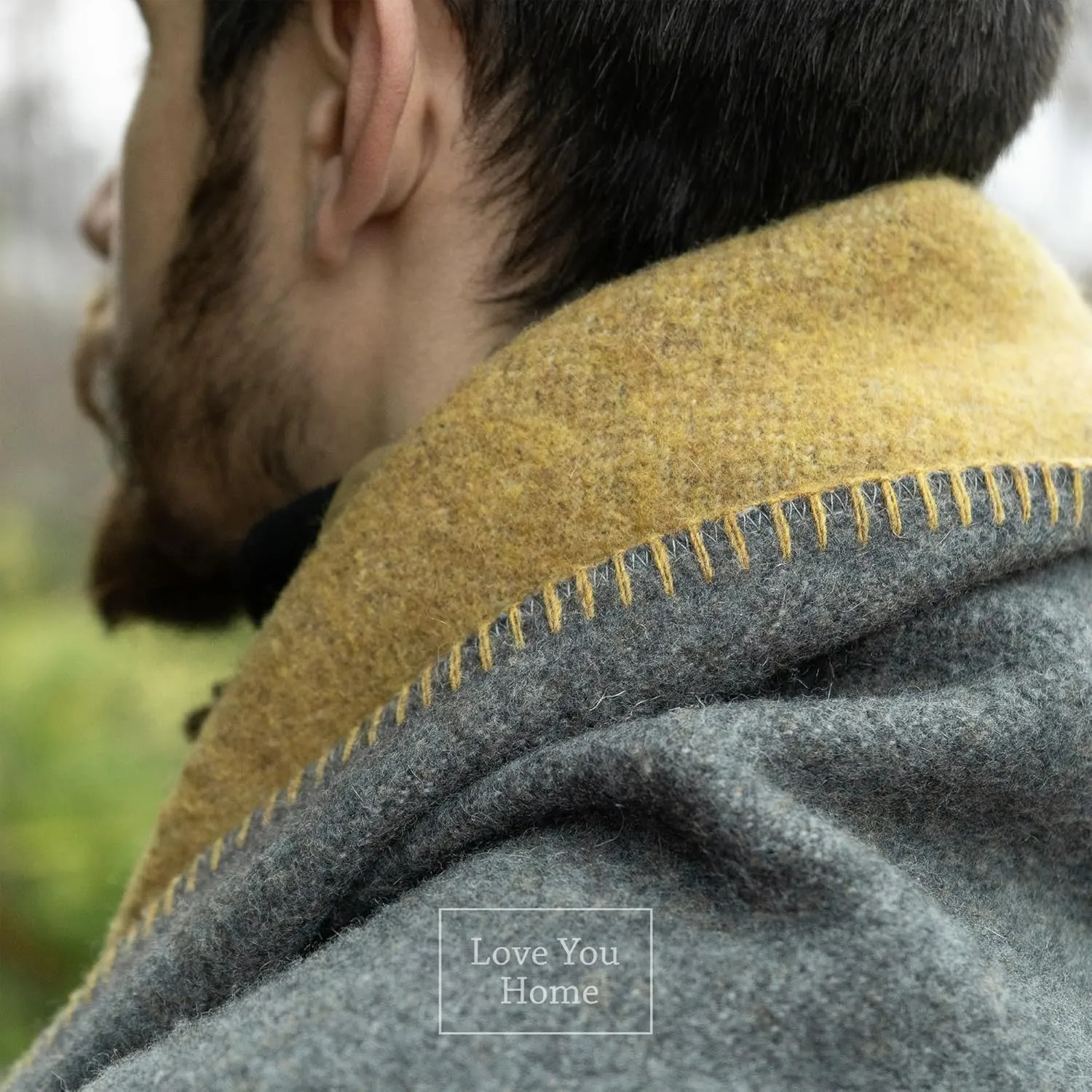 LYHome Merino Wool Blanket - Outdoor Camping and Hiking Throw, Extra Warm Army Military & Hunting Blankets for Cold Weather, Warmest Plaid Pure Sheep Wool (59 x 84 | Mustard - Gray Double-Sided)