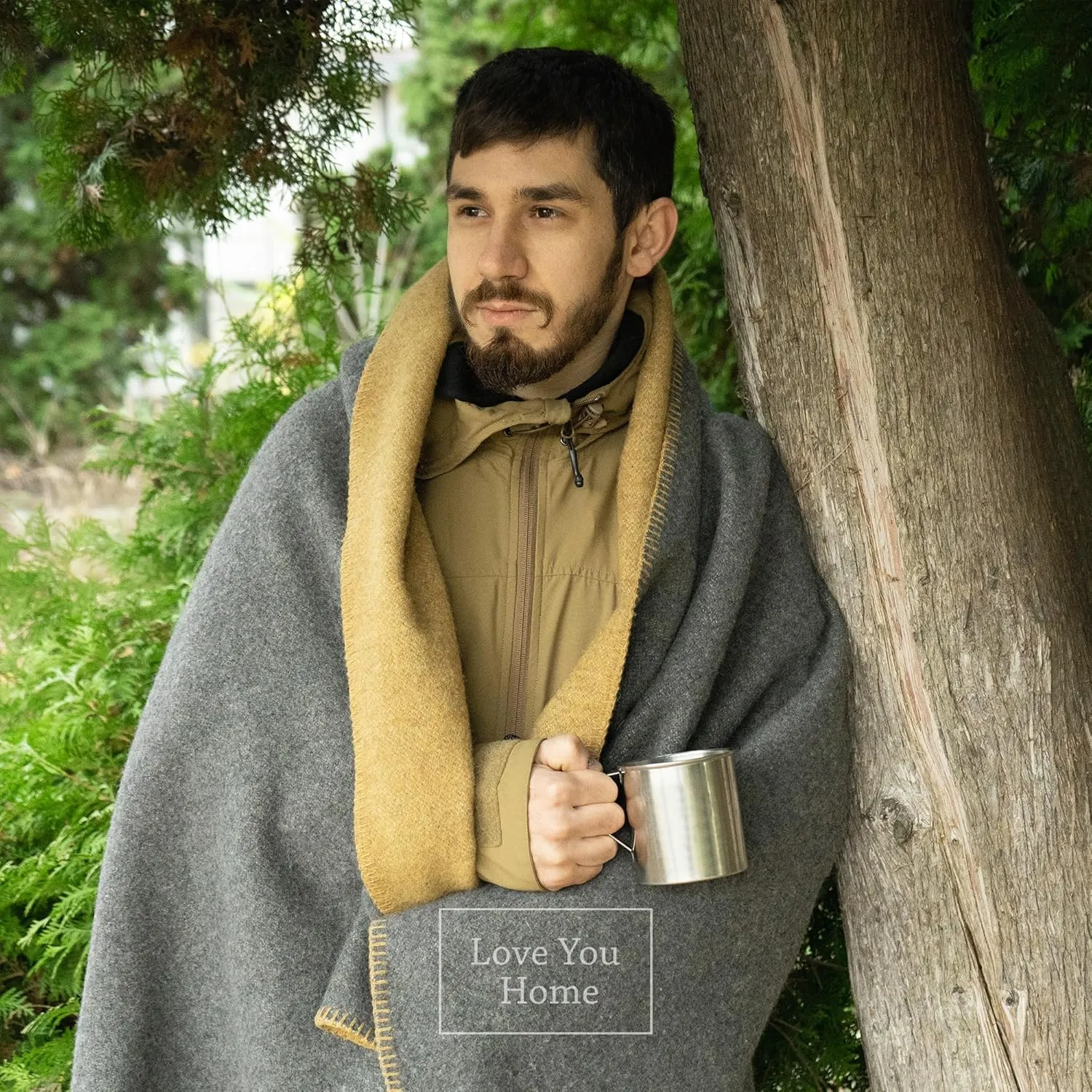 LYHome Merino Wool Blanket - Outdoor Camping and Hiking Throw, Extra Warm Army Military & Hunting Blankets for Cold Weather, Warmest Plaid Pure Sheep Wool (59 x 84 | Mustard - Gray Double-Sided)