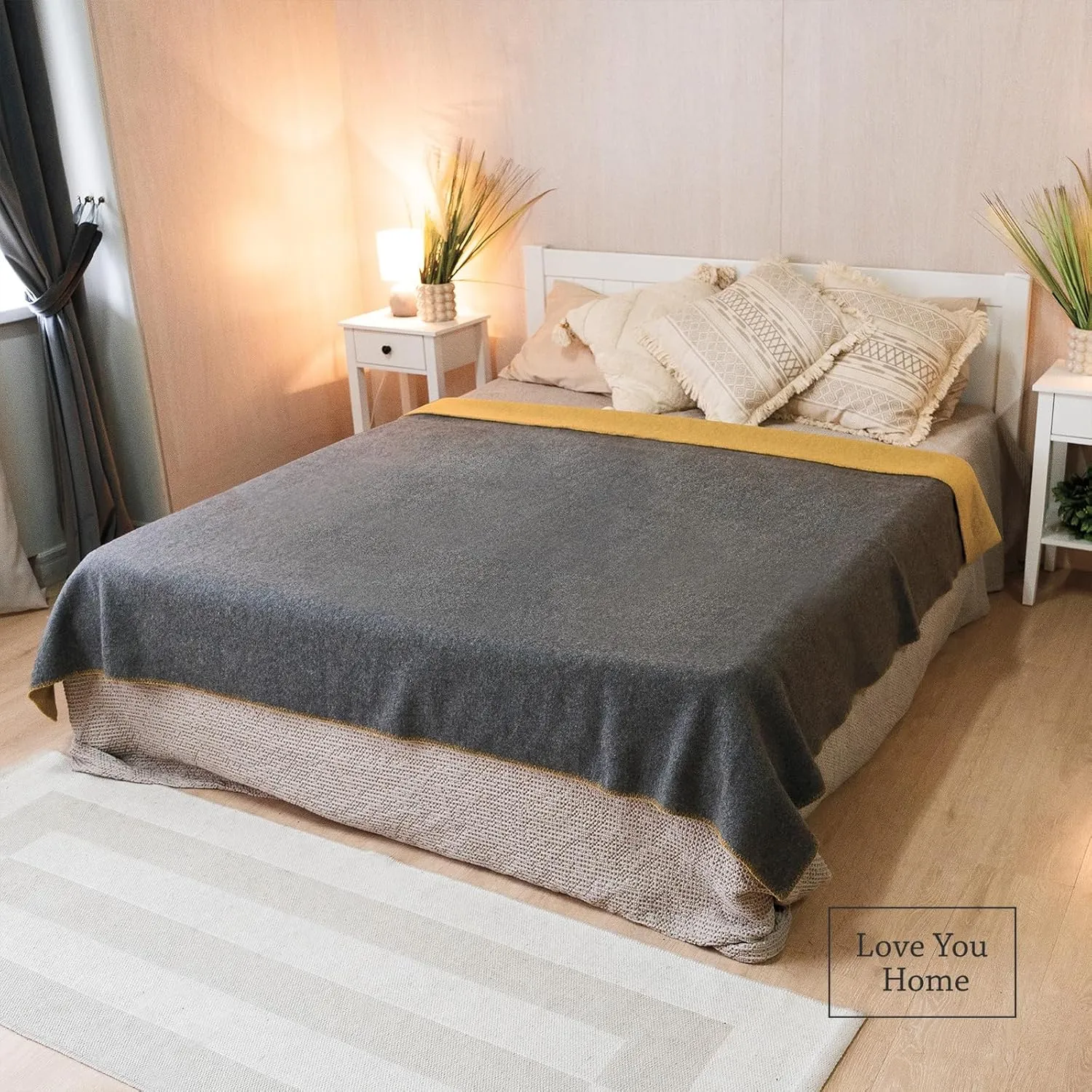 LYHome Merino Wool Blanket - Outdoor Camping and Hiking Throw, Extra Warm Army Military & Hunting Blankets for Cold Weather, Warmest Plaid Pure Sheep Wool (59 x 84 | Mustard - Gray Double-Sided)