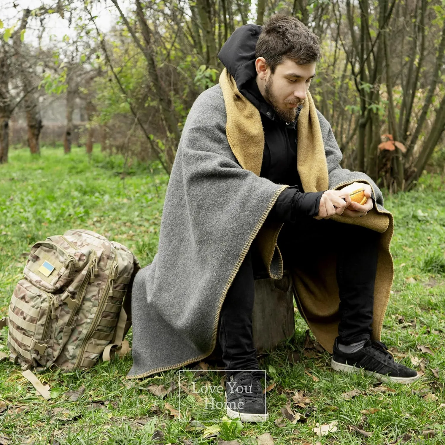 LYHome Merino Wool Blanket - Outdoor Camping and Hiking Throw, Extra Warm Army Military & Hunting Blankets for Cold Weather, Warmest Plaid Pure Sheep Wool (59 x 84 | Mustard - Gray Double-Sided)