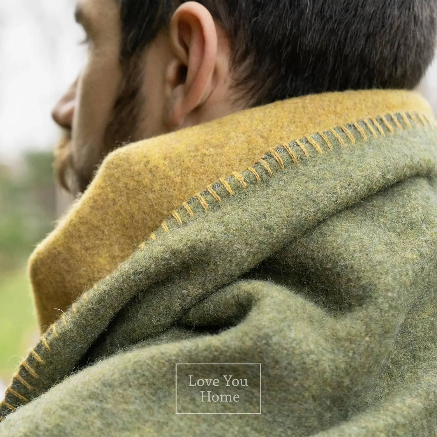 LYHome Merino Wool Blanket - Outdoor Camping and Hiking Throw, Extra Warm Army Military & Hunting Blankets for Cold Weather, Warmest Plaid Sheep Wool (51x67 | Mustard - Olive Green Double-Sided)