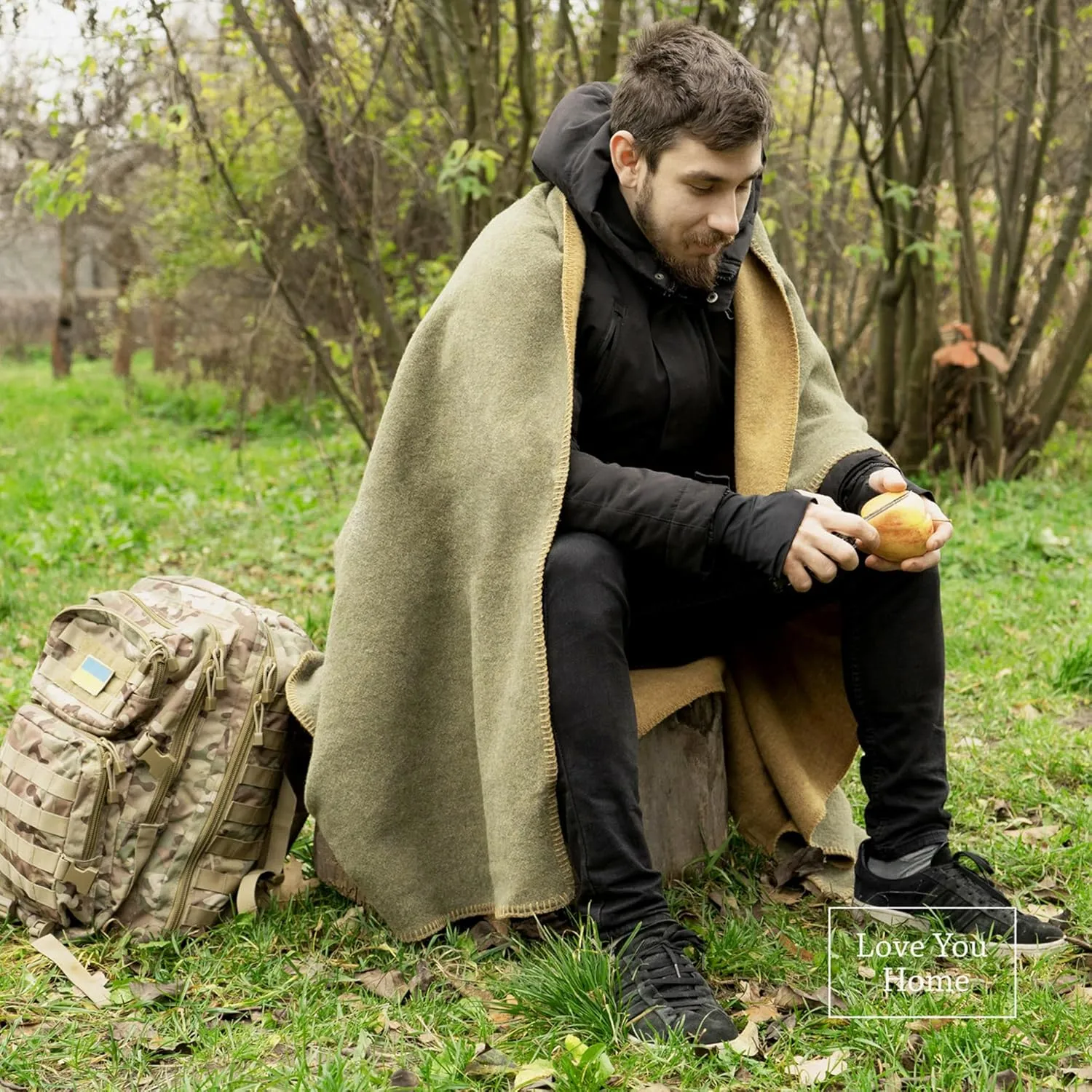 LYHome Merino Wool Blanket - Outdoor Camping and Hiking Throw, Extra Warm Army Military & Hunting Blankets for Cold Weather, Warmest Plaid Sheep Wool (51x67 | Mustard - Olive Green Double-Sided)