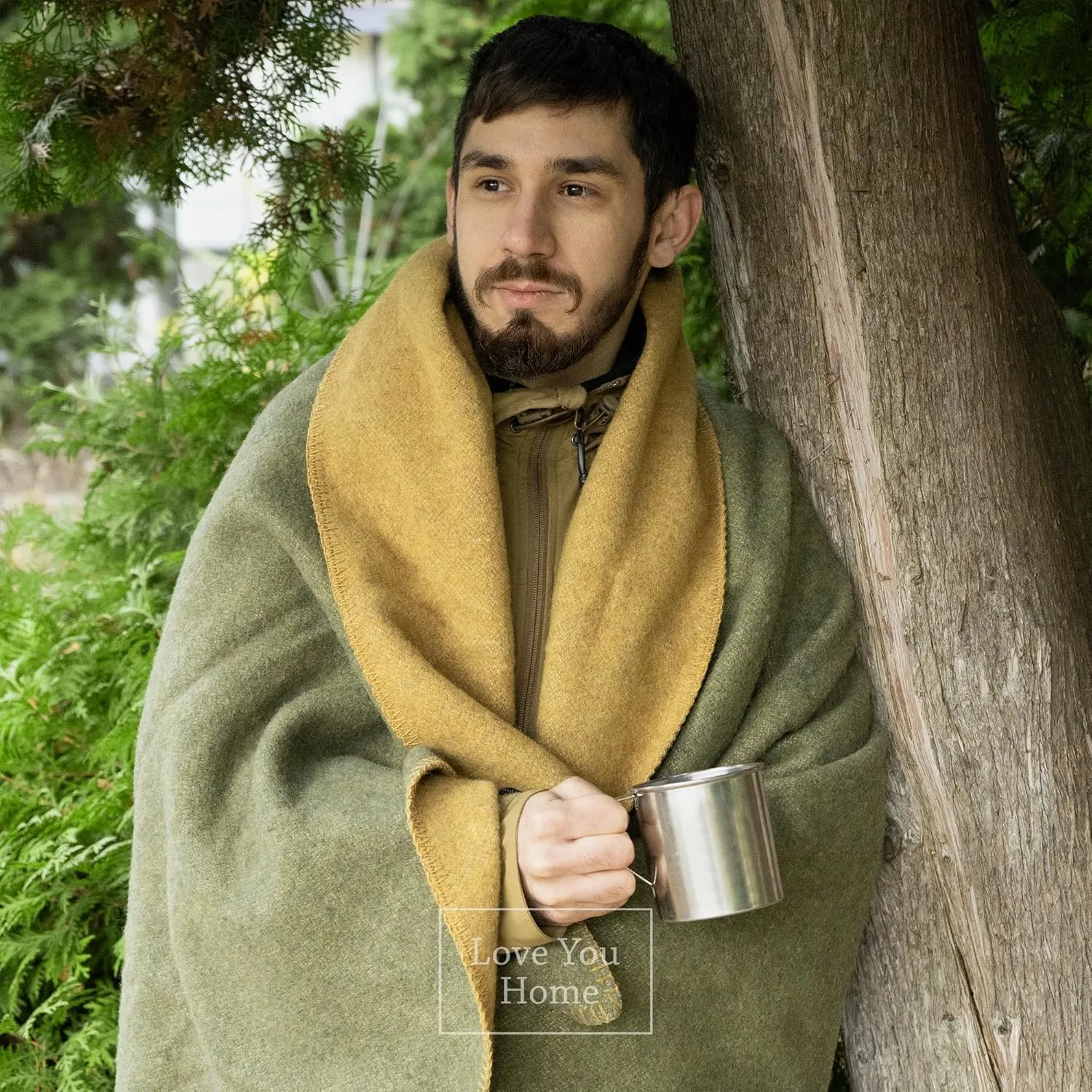 LYHome Merino Wool Blanket - Outdoor Camping and Hiking Throw, Extra Warm Army Military & Hunting Blankets for Cold Weather, Warmest Plaid Sheep Wool (51x67 | Mustard - Olive Green Double-Sided)