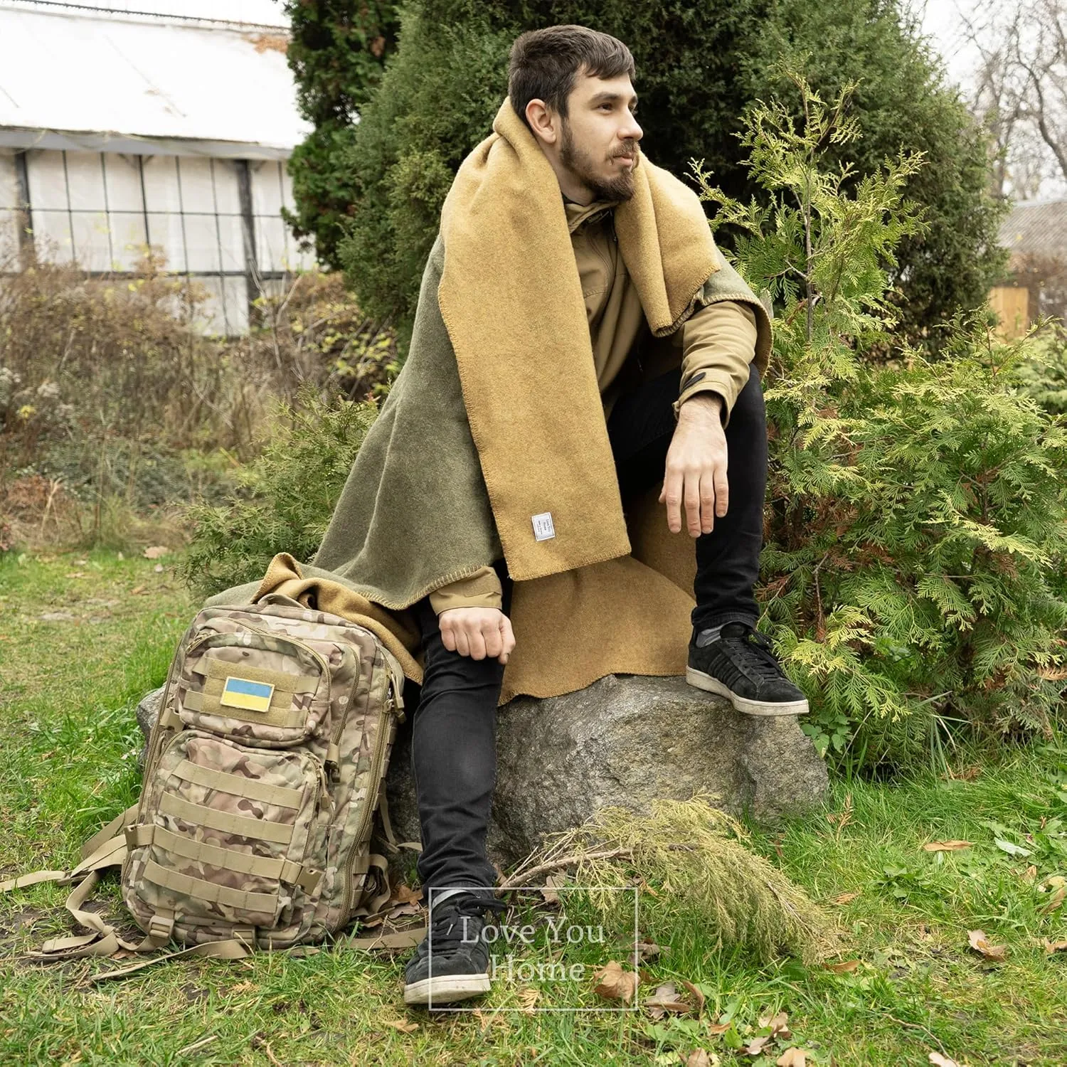 LYHome Merino Wool Blanket - Outdoor Camping and Hiking Throw, Extra Warm Army Military & Hunting Blankets for Cold Weather, Warmest Plaid Sheep Wool (51x67 | Mustard - Olive Green Double-Sided)