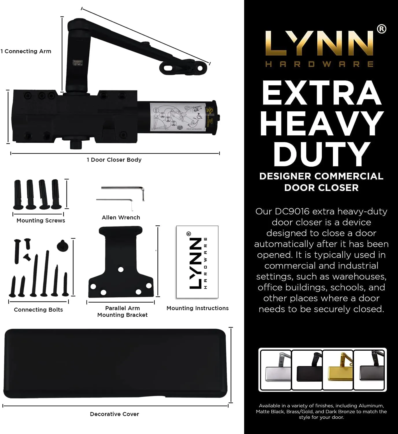 LYNN HARDWARE Extra Heavy Duty Commercial Door Closer, DC9016 Automatic Door Closer, Surface-Mounted Auto Door Closer, Size 1-6 Commercial Door Closer Heavy Duty for Heavy Traffic Areas, Matte Black