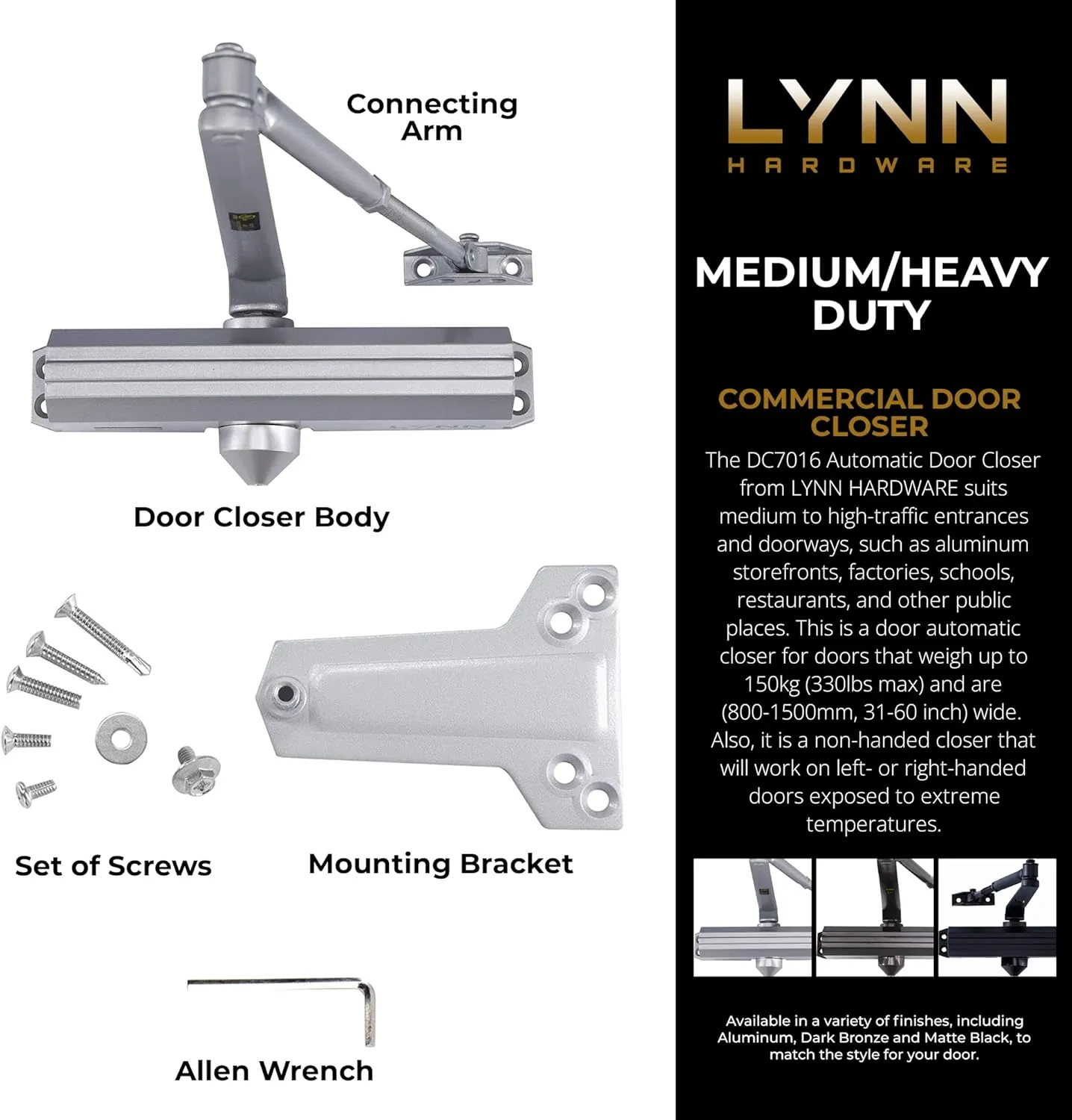 LYNN HARDWARE Medium/Heavy Duty Commercial Door Closer - DC7016 Surface Mounted, Grade 1- ADA & UL 3 Hour Fire Rated, Adjustable Size 1-6 for entrances & Aluminum storefronts- US26D Aluminum