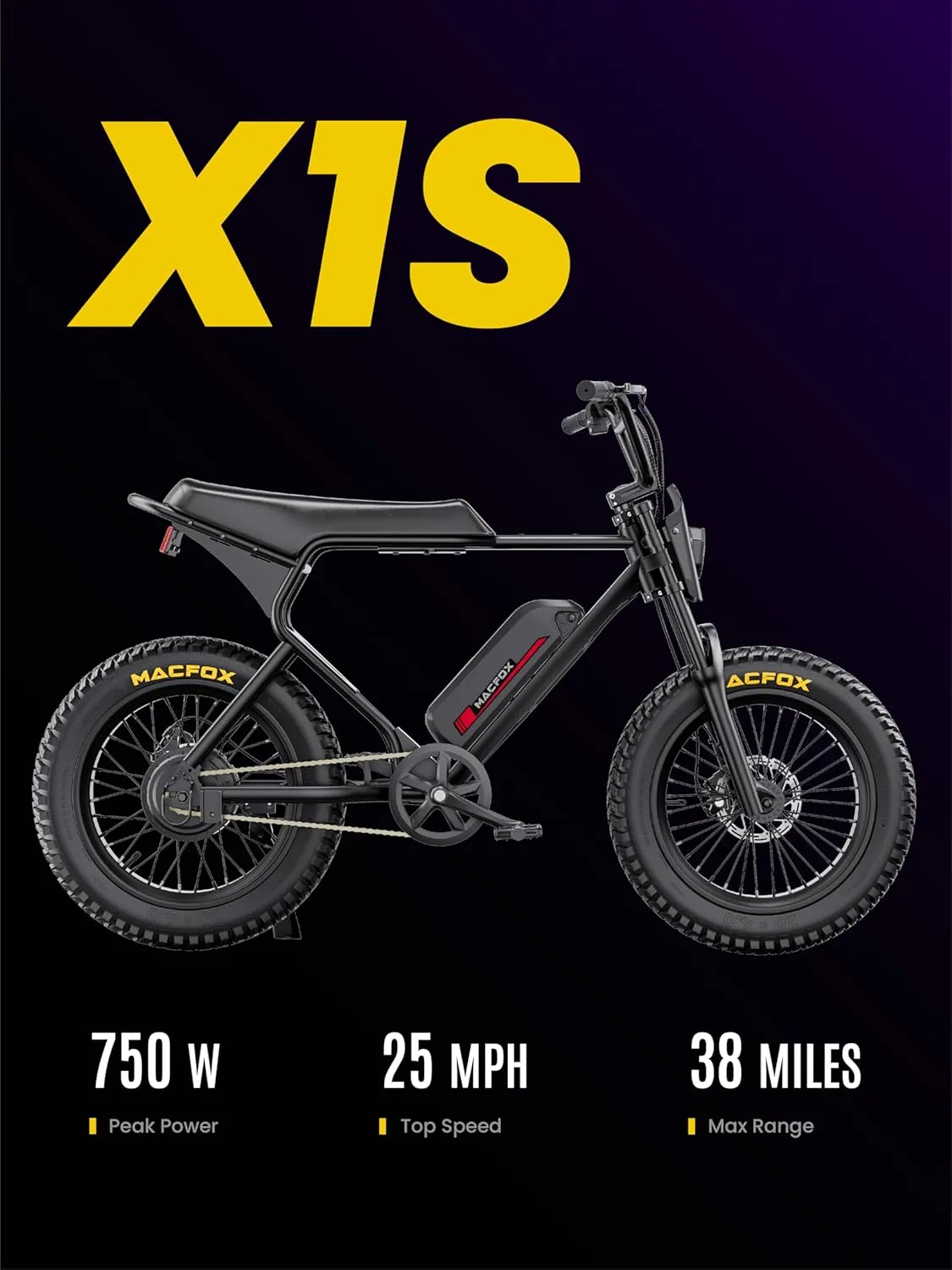 MACFOX X1S 2025 Ebikes for Adults, 750W Electric Bike Wheelie 25 MPH Max Speed, 38 Miles Range, 20" Fat Tire E-Bike with Front Suspension, E-Bikes for Riding to School (Class-3)