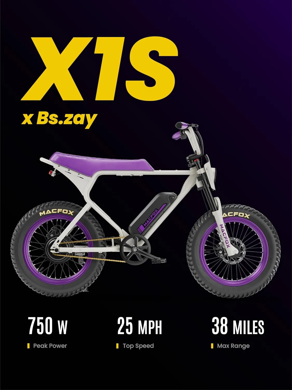 MACFOX X1S 2025 Ebikes for Adults, 750W Electric Bike Wheelie 25 MPH Max Speed, 38 Miles Range, 20" Fat Tire E-Bike with Front Suspension, E-Bikes for Riding to School (Class-3)