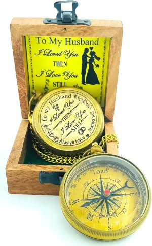 MADSNIIB Engraved Compass with Wooden Box, Antique Compass for him, Handmade Gift Ideas for Office,Home Decor, To My Husband Engraved Compass for Men on Wedding, Birthday, Anniversary, Vintage Compass