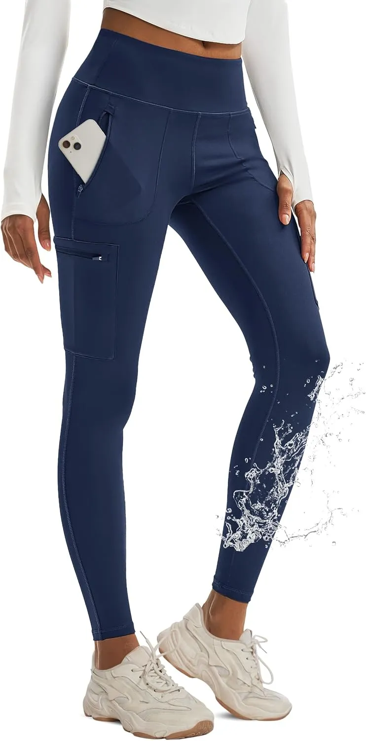 MAGCOMSEN Women's Hiking Leggings with 4 Zipper Pockets Water Resistant High Waisted Cargo Leggings Workout Running Yoga