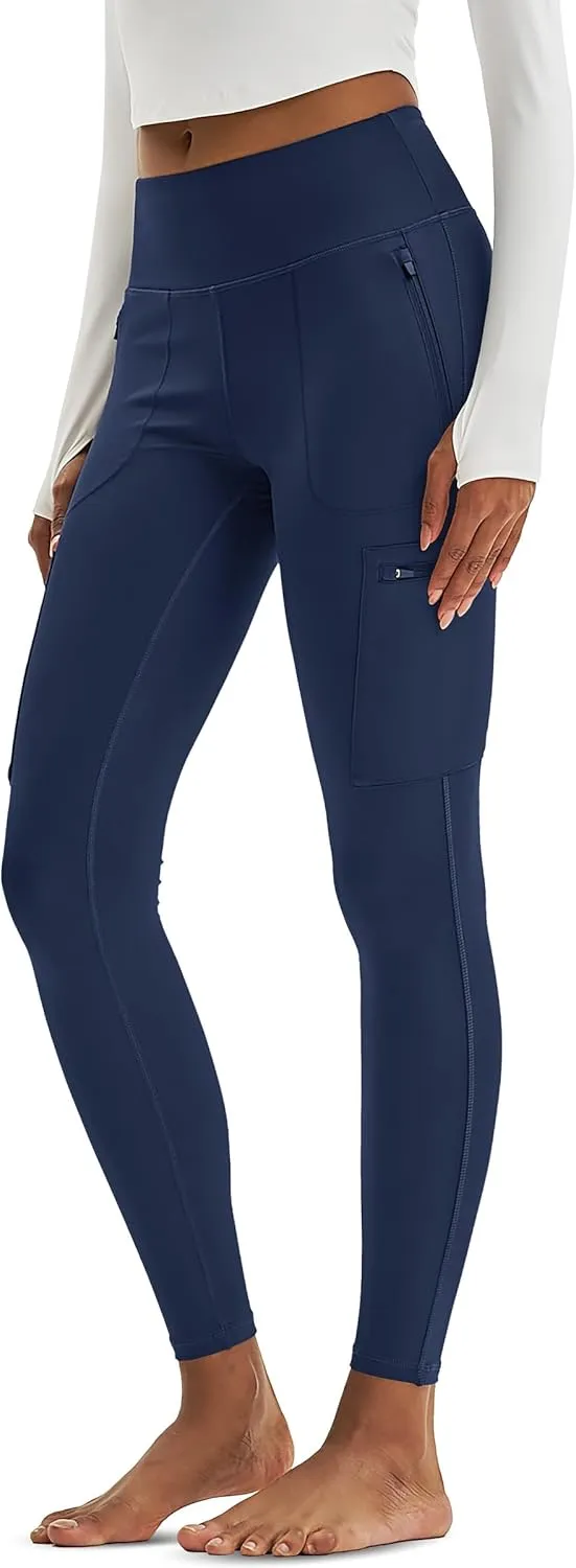 MAGCOMSEN Women's Hiking Leggings with 4 Zipper Pockets Water Resistant High Waisted Cargo Leggings Workout Running Yoga