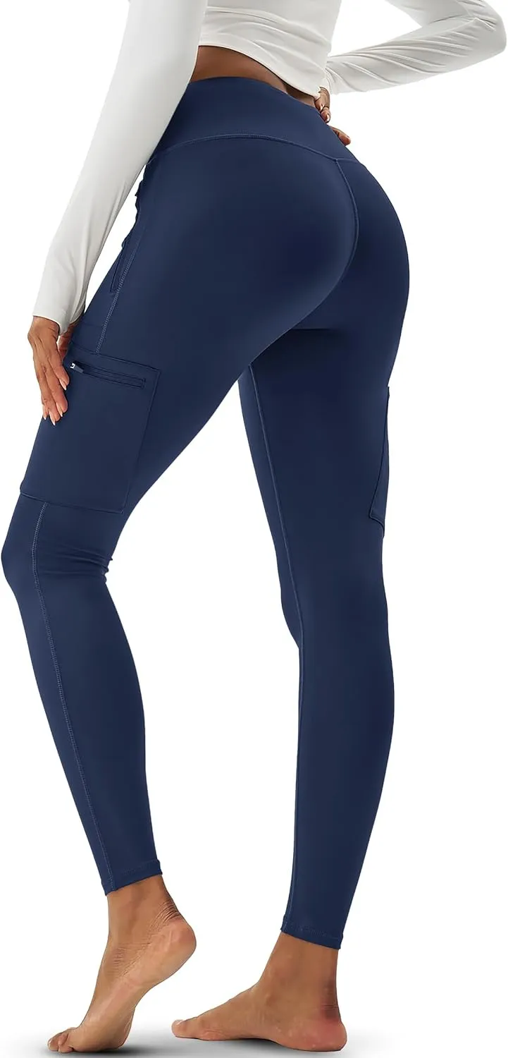 MAGCOMSEN Women's Hiking Leggings with 4 Zipper Pockets Water Resistant High Waisted Cargo Leggings Workout Running Yoga