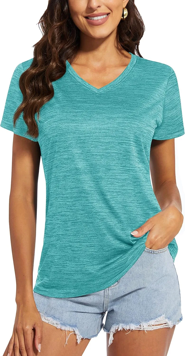 MAGCOMSEN Women's V Neck Workout Shirts Short Sleeve Moisture Wicking Yoga T-Shirts Quick Dry Athletic Tops