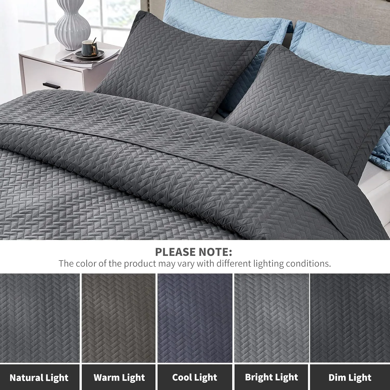 Maple&Stone Quilt Set King Size, Lightweight Charcoal Grey Bedspread Ultrasonic Chevron Pattern Light Coverlet for All Season Comforter Bedding Decor - 3 Piece King Bed Cover Sets