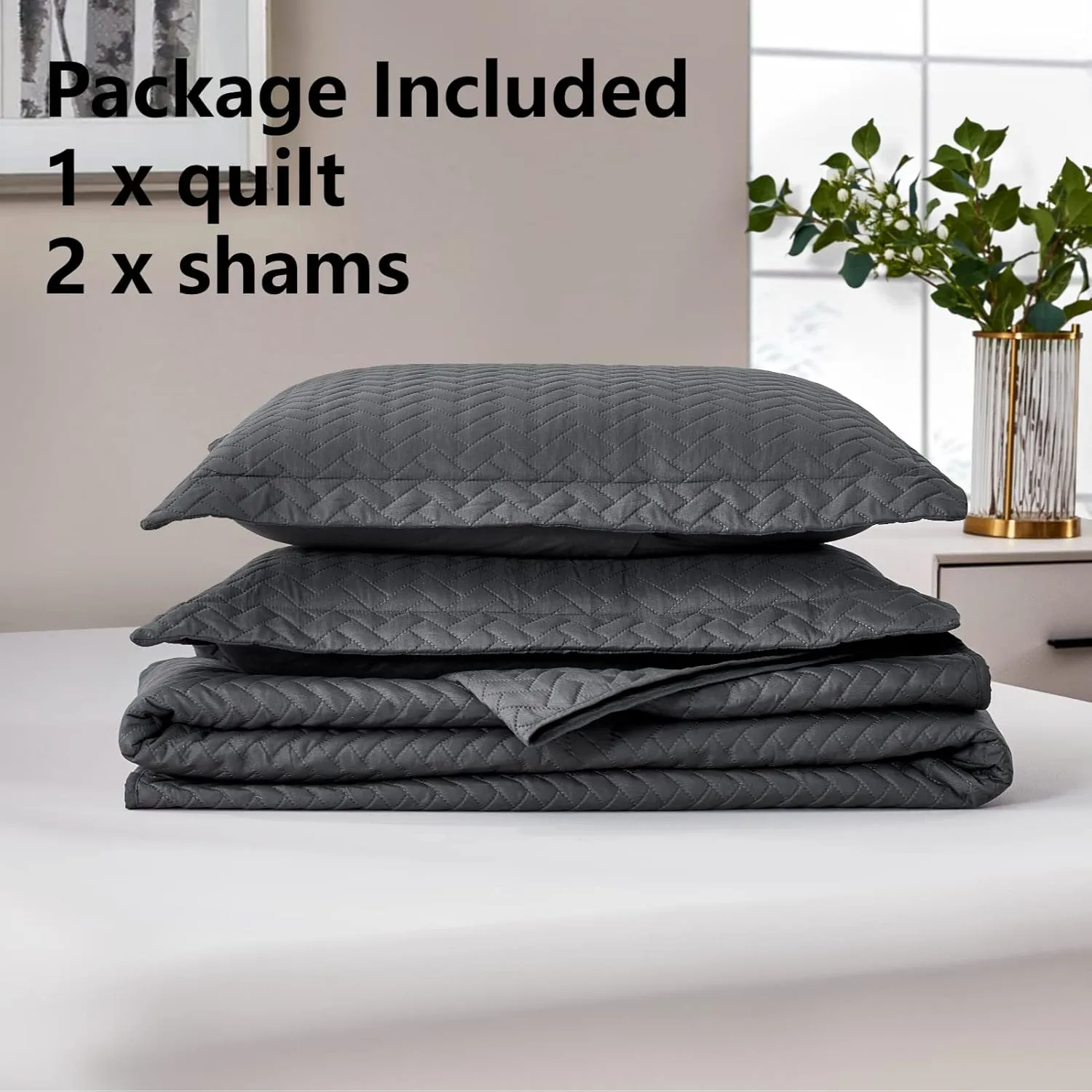Maple&Stone Quilt Set King Size, Lightweight Charcoal Grey Bedspread Ultrasonic Chevron Pattern Light Coverlet for All Season Comforter Bedding Decor - 3 Piece King Bed Cover Sets