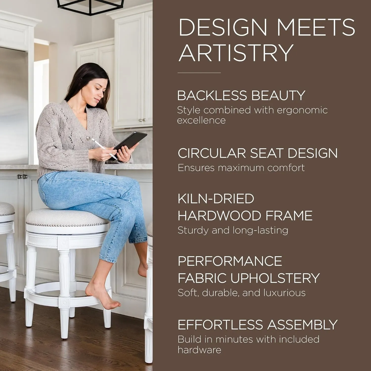Maven Lane Pullman 26 Inch Tall Backless Alabaster White Finish Counter Height Upholstered Barstool with Cream Fabric Cushion Seat